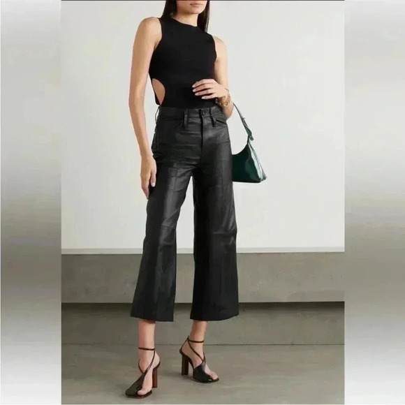 NWT Frame Denim High Rise Wide Leg Crop Leather Pants Jeans Noir Black 27 - Picture 2 of 7